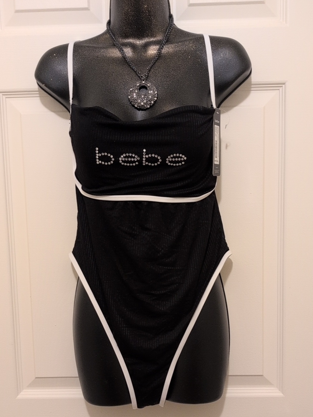 bebe Black One-Piece Swim with White Trim and Crystal Logo